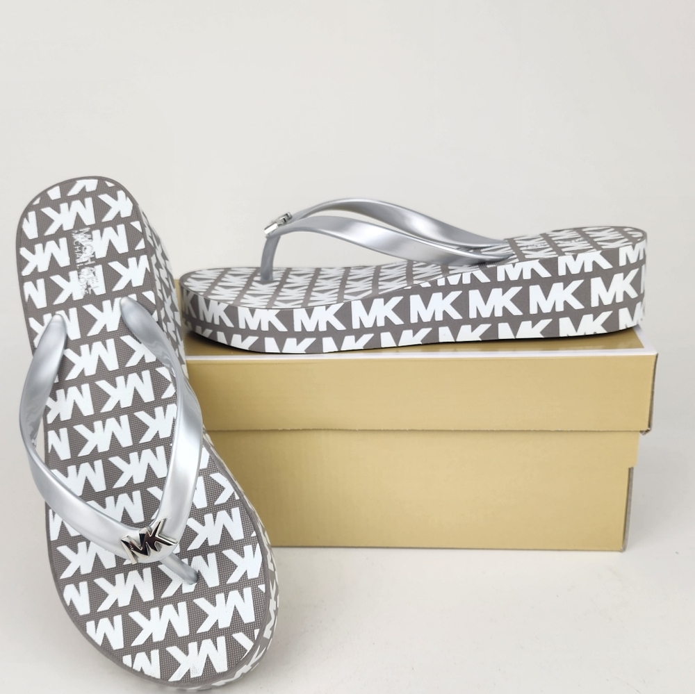 New Michael Kors Sandals Wedge Platform Taupe White Silver Bedforf Glam New